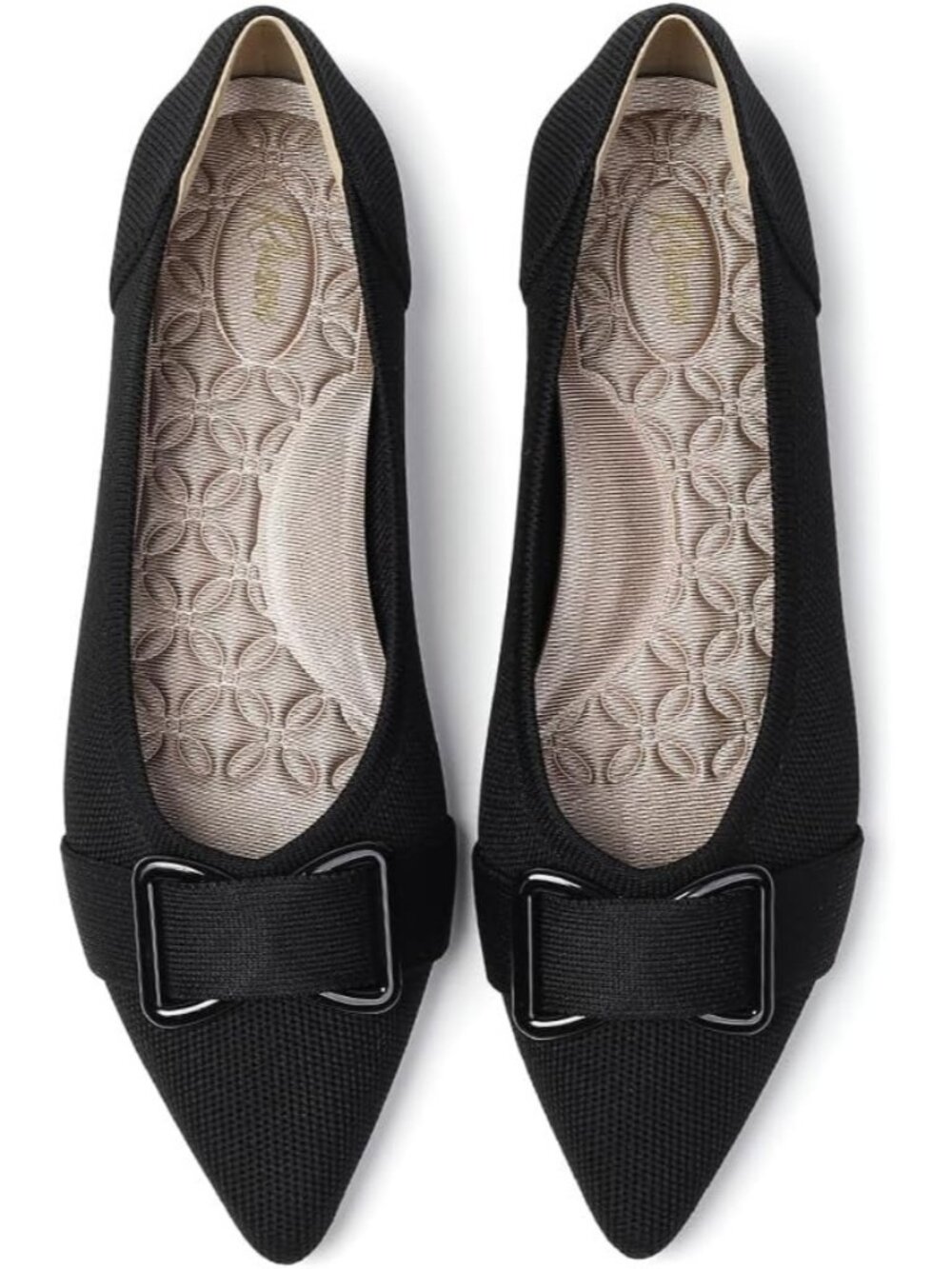 Rivsoi Women's Black Rubber Knit Pointed Toe Flat Metal Buckle Comfortable Shoes